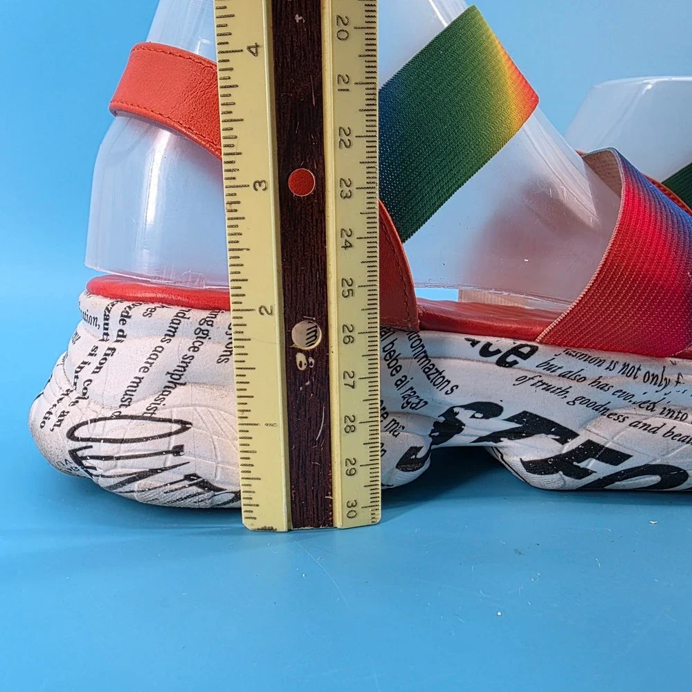Rouge‎ Helium Rainbow Elastic Strap Newsprint Platform Sandals Red Womens 37.5